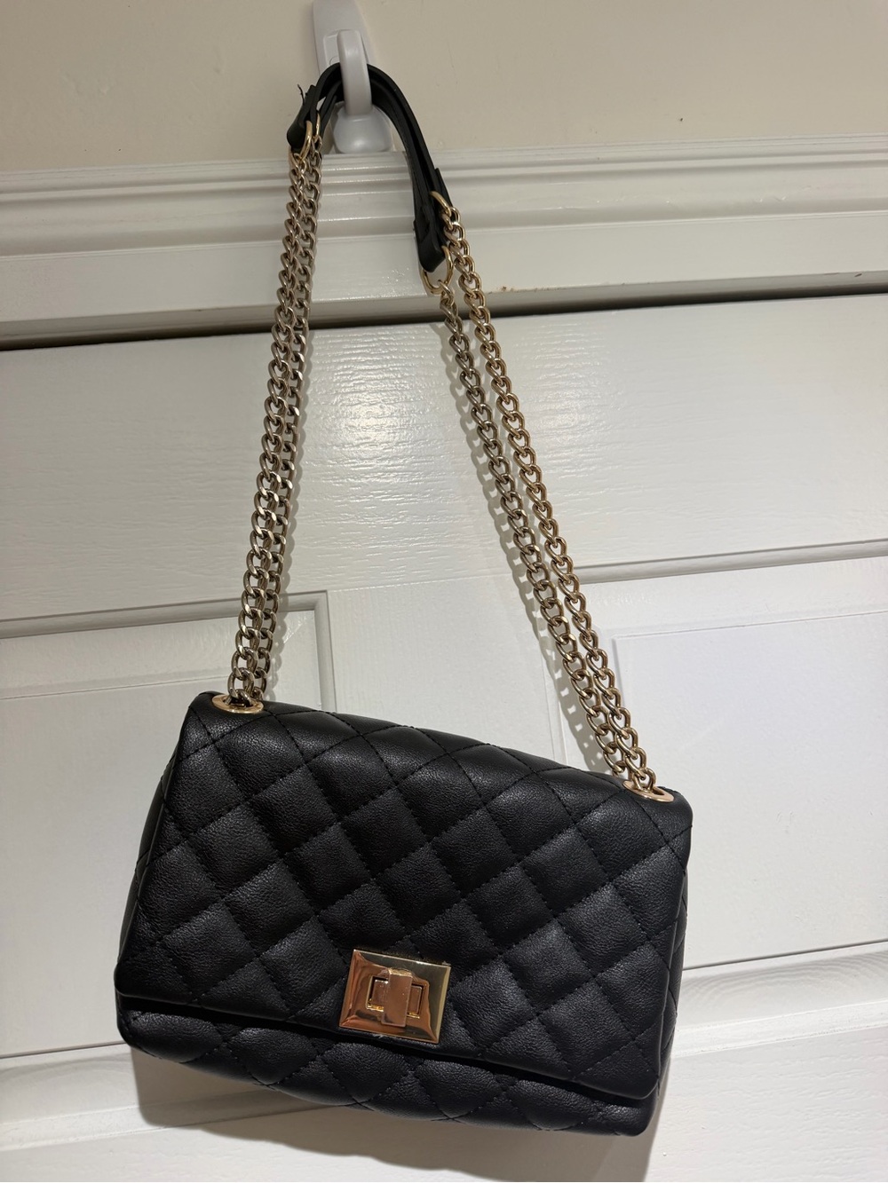 Black Quilted Chain Shoulder Bag with Gold Hardware